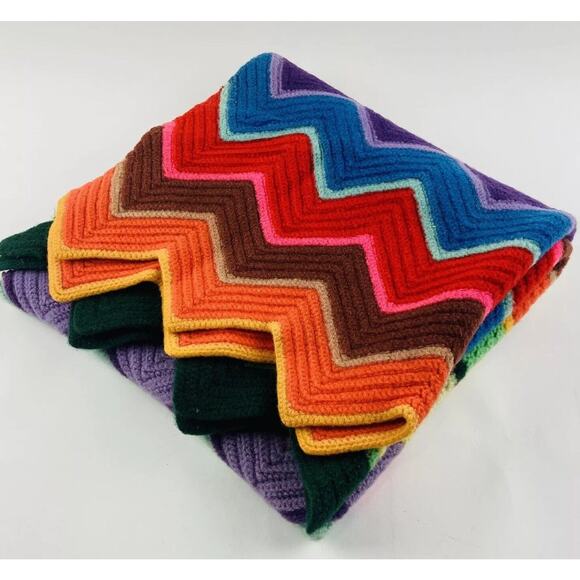 Handmade 70s Crochet Throw Chevron Blanket Cottagecore Zigzag Afghan Wool Felted - Picture 2 of 9